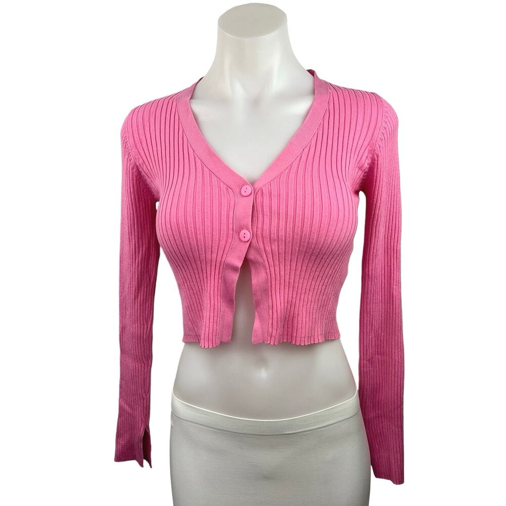 Pull&Bear Updated Garments Pink V Neck Long Sleeve Ribbed Neck Crop Top Size S